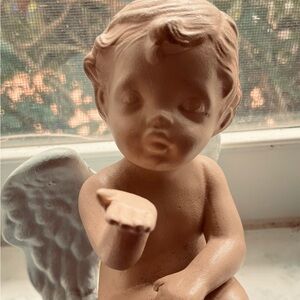 kiss from an angel will brighten your day-porcelain cherub-blue wings-Good luck